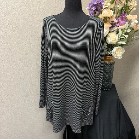 Cable & Gauge Black White Striped Tunic Top XXL Long Sleeve Pockets Casual Class - Picture 1 of 8